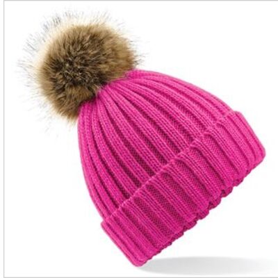 Fur pom pom chunky beanie Thumbnail